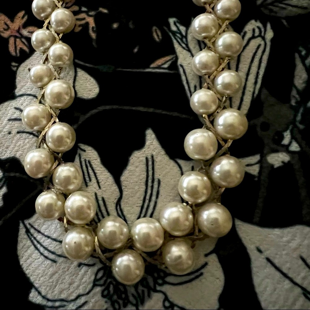 Vintage Faux Pearl Necklace Silver Snake Chain Braided Beads Graduated Size